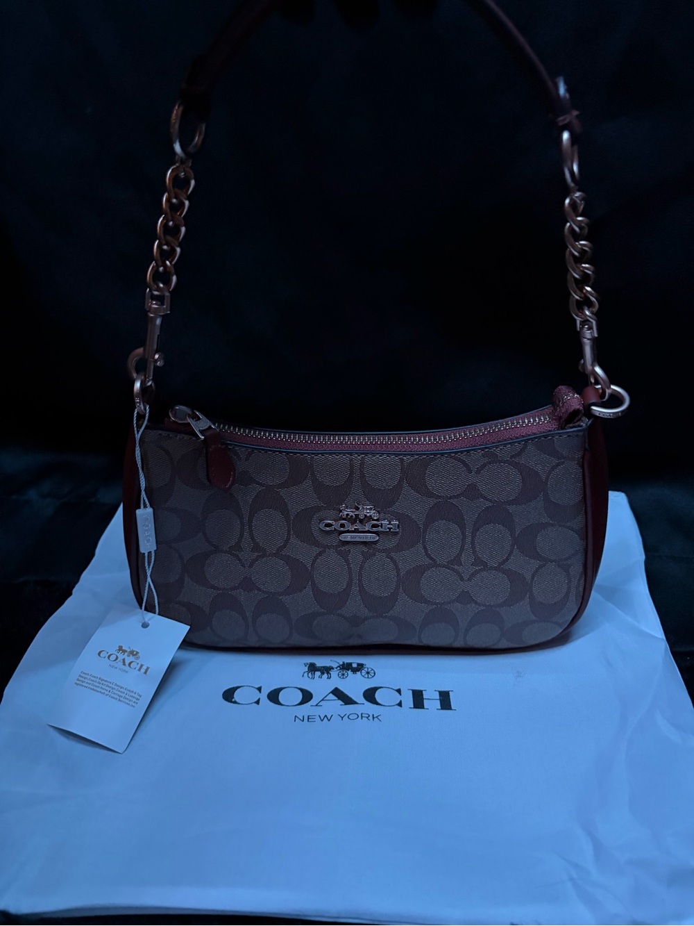 Coach Brown Signature Canvas Shoulder Bag with Mahogany Trim